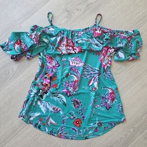 New York & Company Teal Floral Off-Shoulder Blouse